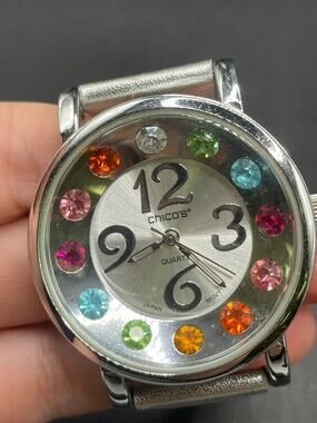 Vtg Chico's Quartz Silver Tone Quartz Watch Multicolor Gem Accents Silver Tone